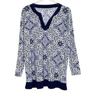Lands End XL White Navy Blue Floral Tunic Swim Shirt Tee Rash Guard